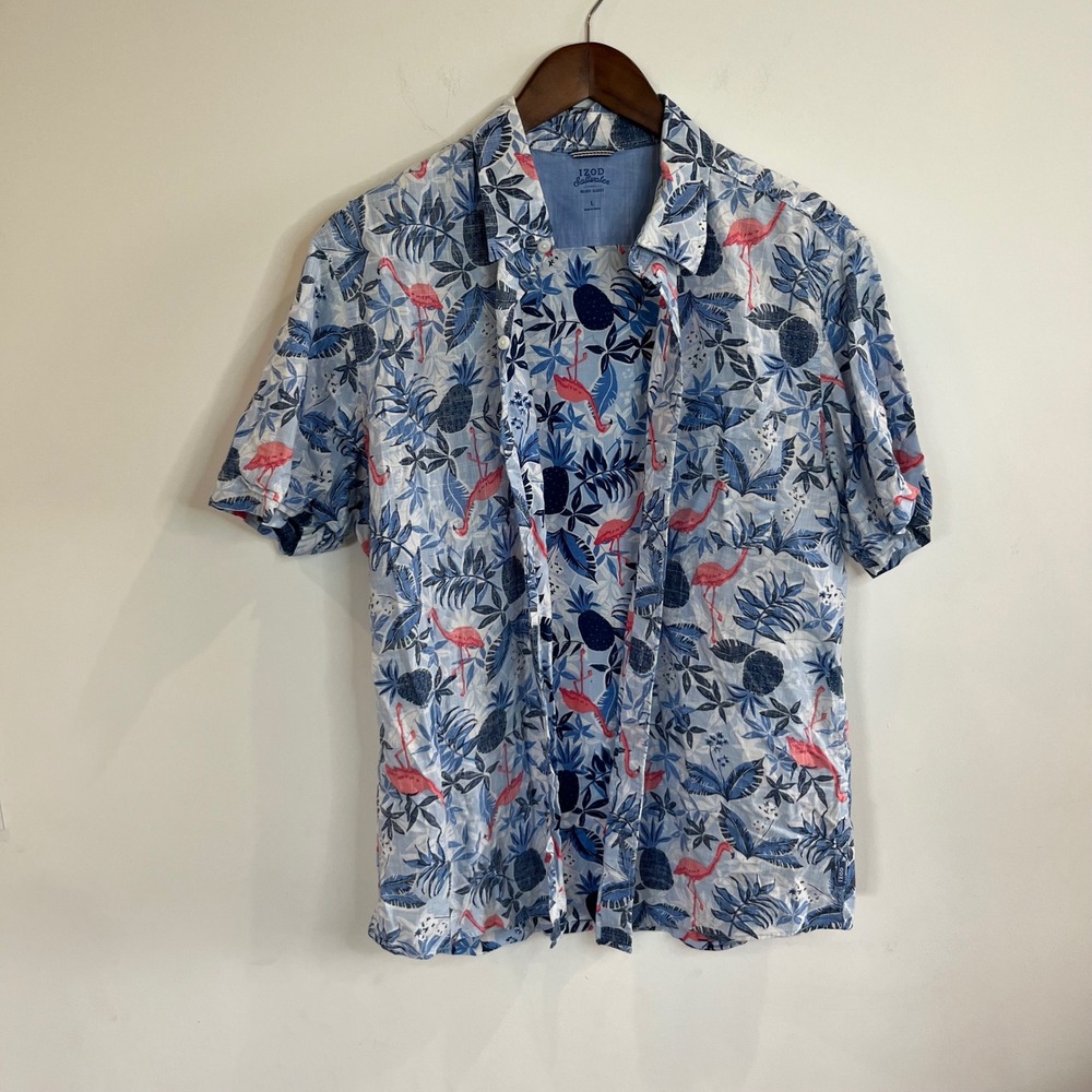 IZOD Saltwater Mens Large Flamingo Pineapple Tropical Cotton Button Shirt - 127